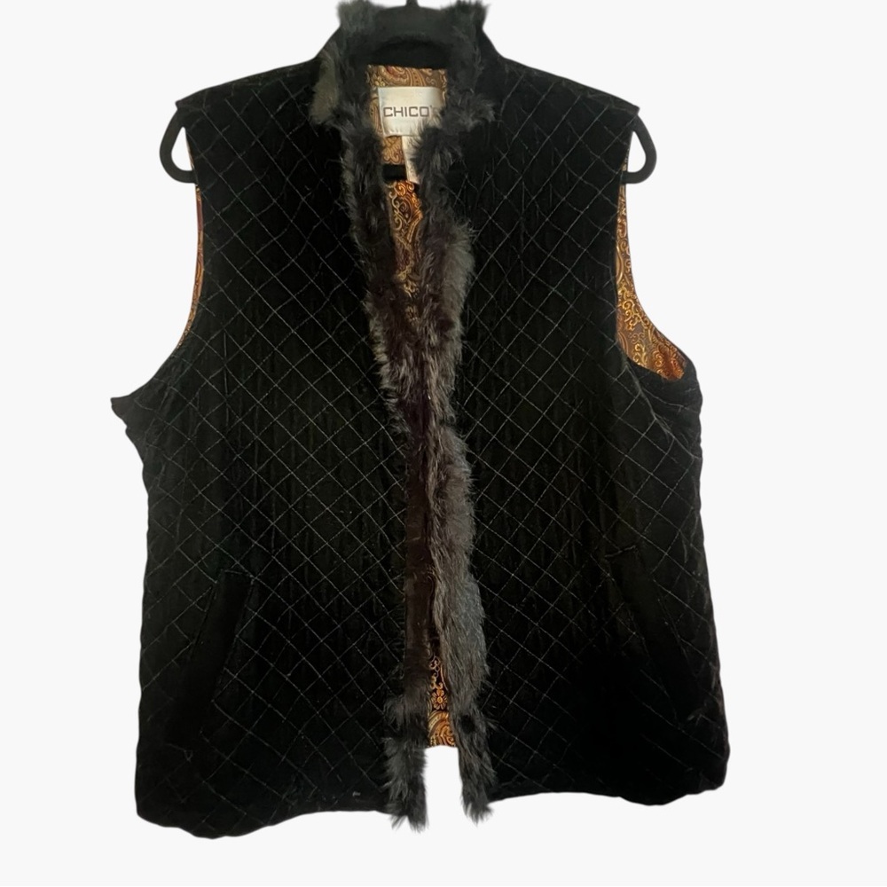 Chico's Black Quilted Vest with Rabbit Fur Trim